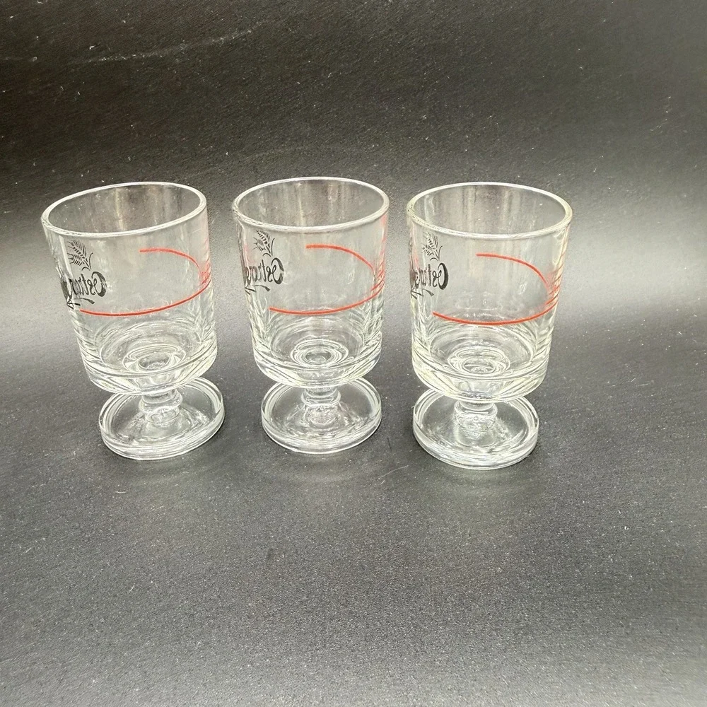 3 Ostroper Wheat Grass Logo Footed Shot Glasses Made France Vintage Marked 2cl